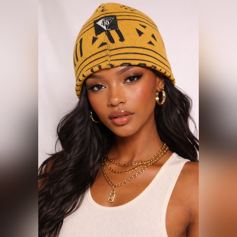 Trendy Mustard and Black Knit Beanie